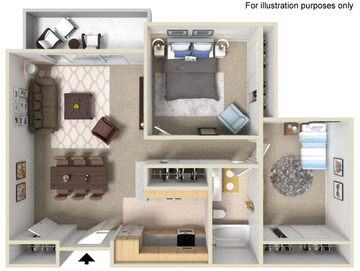 Floor plan for 2 beds, 1 bath, 850 sqft